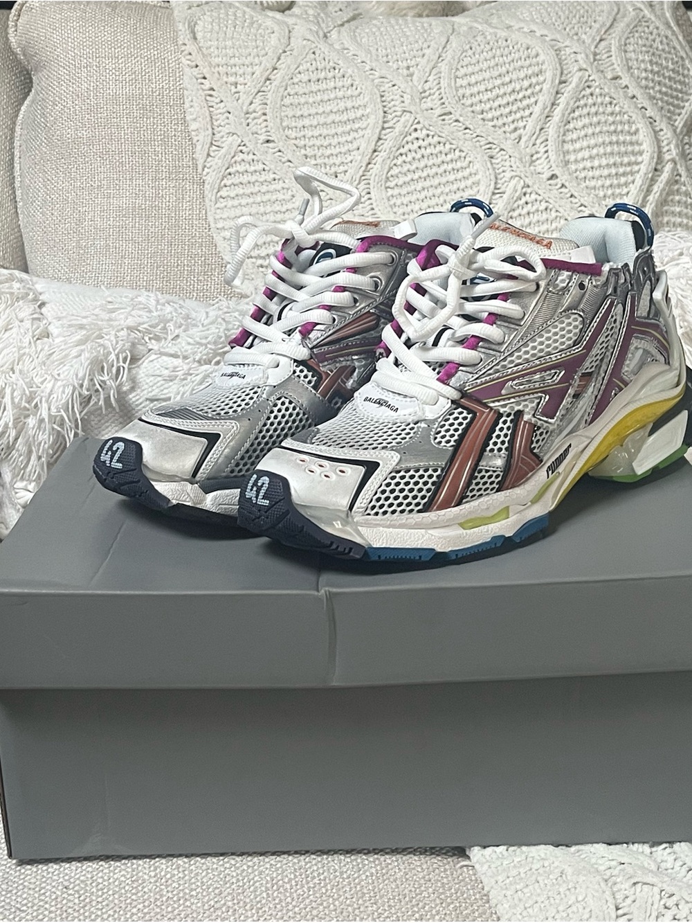 Balenciaga White, Silver & Purple Multi-Accent Runner Sneakers